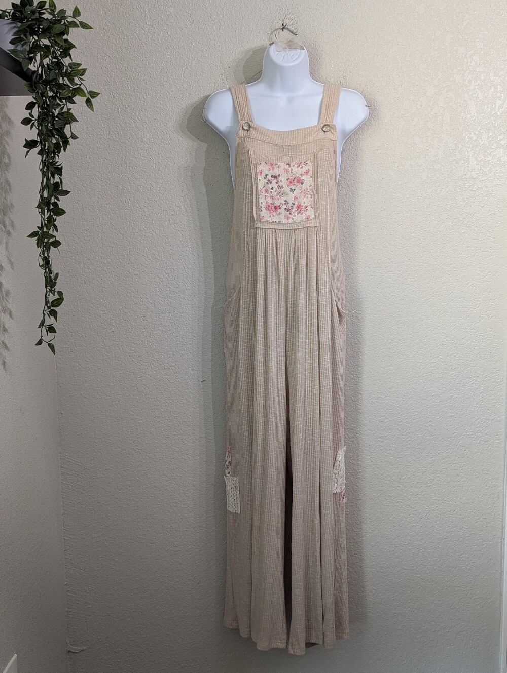 POL Beige Ribbed Oversized Floral Patchwork Wide Leg Overalls Sz S Cottage Boho